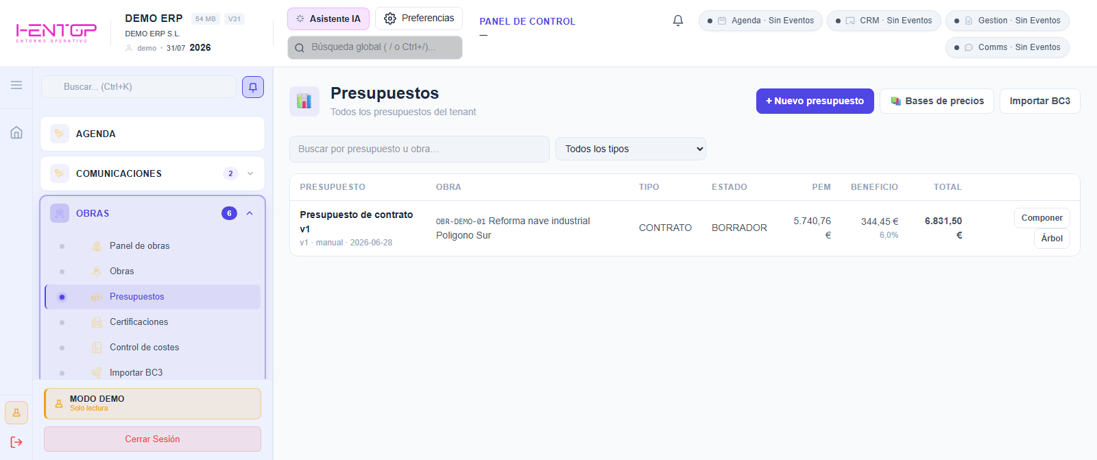 Presupuestos de obra de iEnTop Construcción en tema Indigo Light