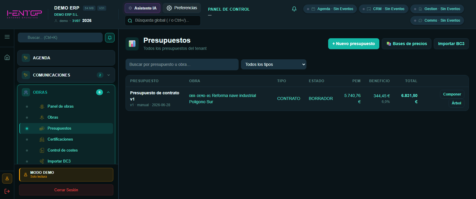 Presupuestos de obra de iEnTop Construcción en tema Ocean Teal