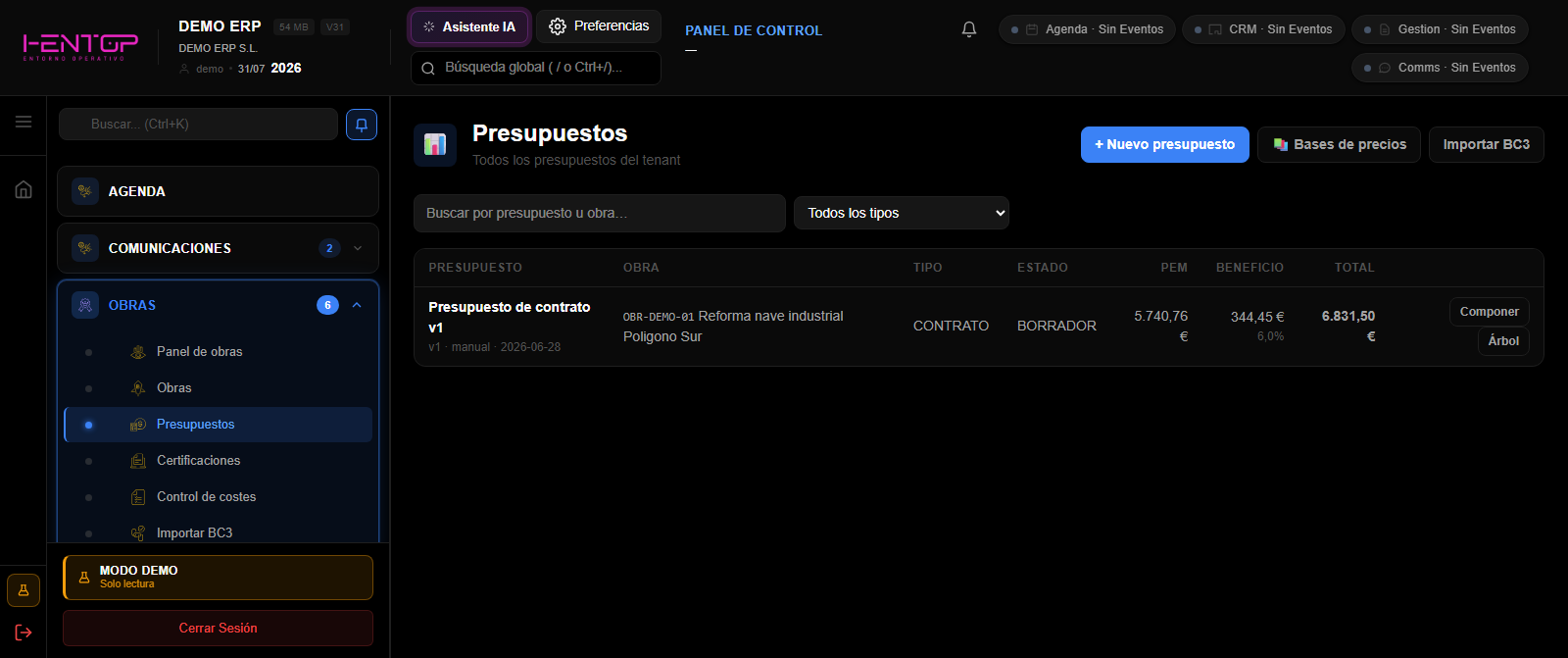 Presupuestos de obra de iEnTop Construcción en tema OLED Black