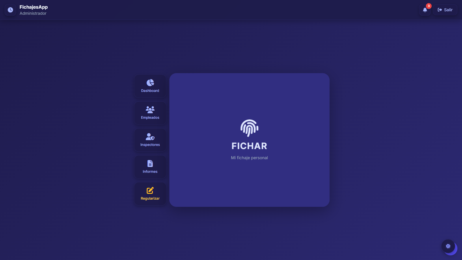Pantalla de fichaje personal con menú de administración