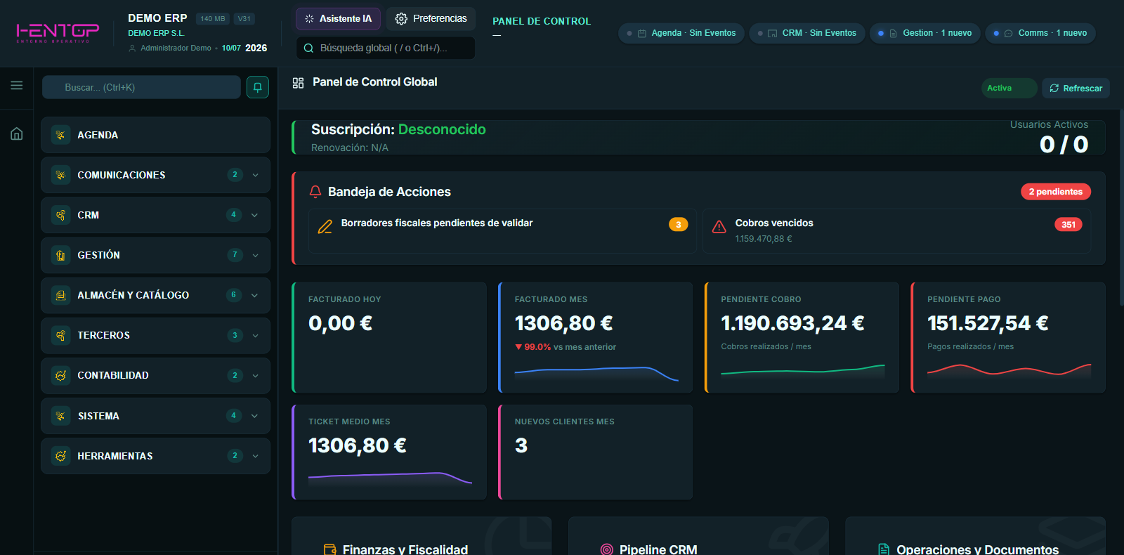 Panel de control del ERP iEnTop, el que usan tus clientes, en tema Ocean Teal