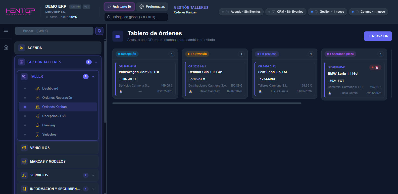 Tablero kanban con órdenes de reparación por estado