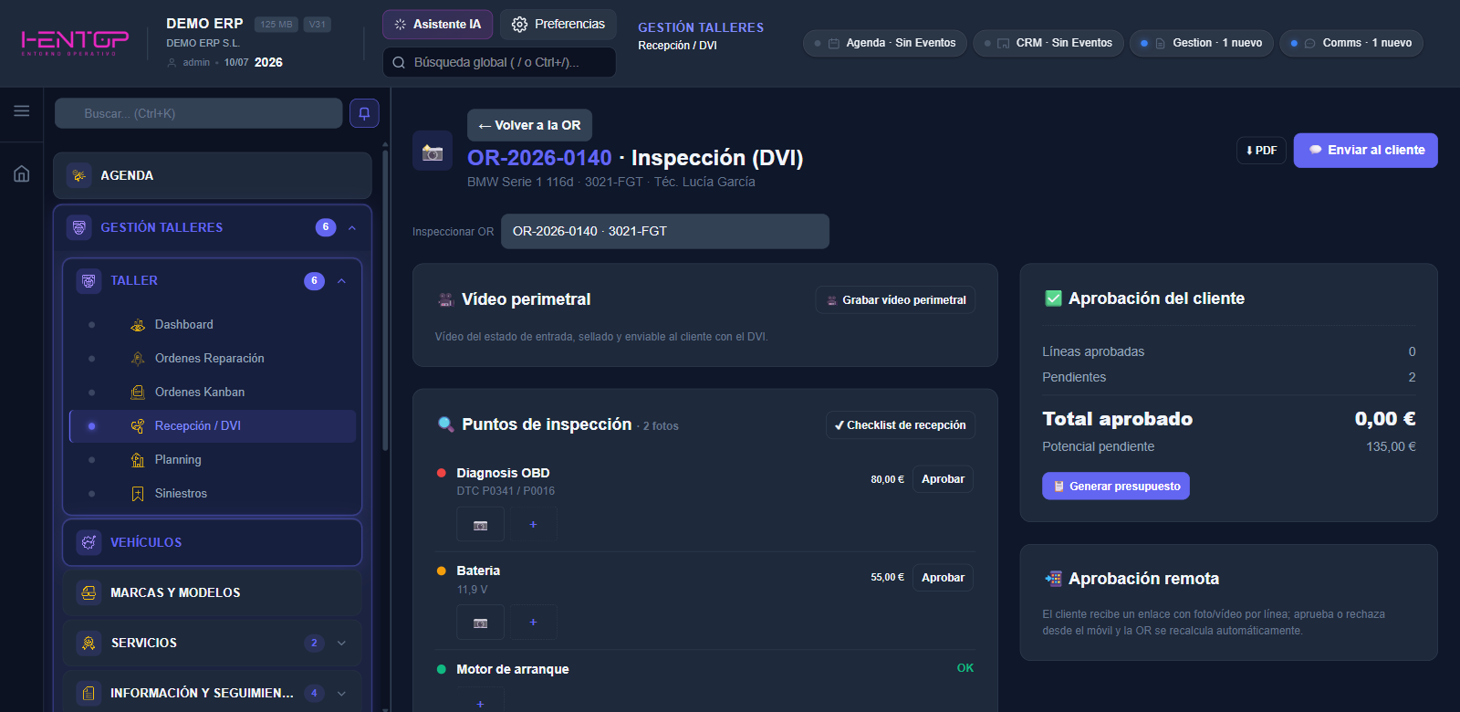 Recepción con inspección DVI: puntos de inspección, vídeo perimetral y aprobación del cliente