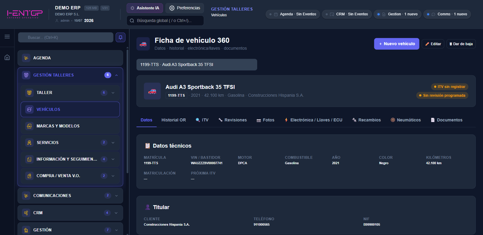 Ficha de vehículo 360 con datos técnicos, titular e historial